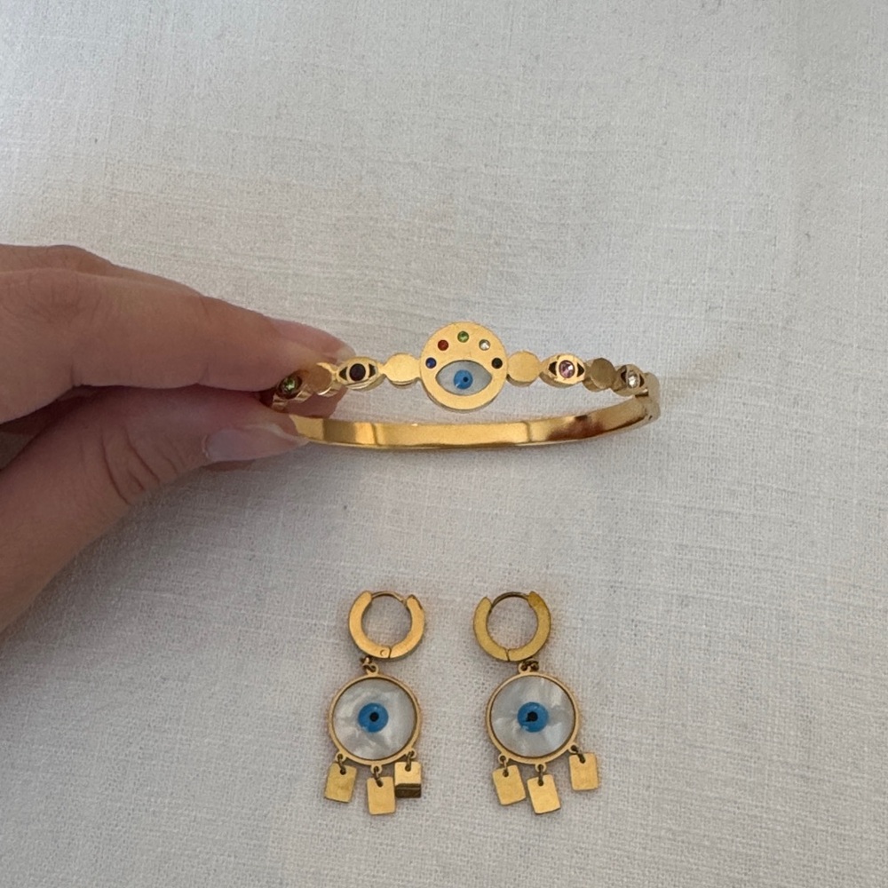 Gold Played Evil Eye Bracelet and Earring Set